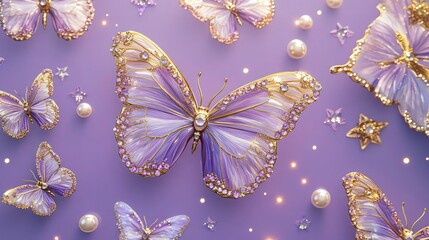 A stunning display of shimmering butterflies in shades of amethyst purple and gold, set against a gradient background that shifts from royal purple to soft lavender. 