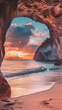 Serene Ocean Sunset Viewed Through Coastal Cave Opening Background. Seamless looping motion design. Video animation. Captivating sunset view framed by a natural cave, showcasing tranquil ocean waves