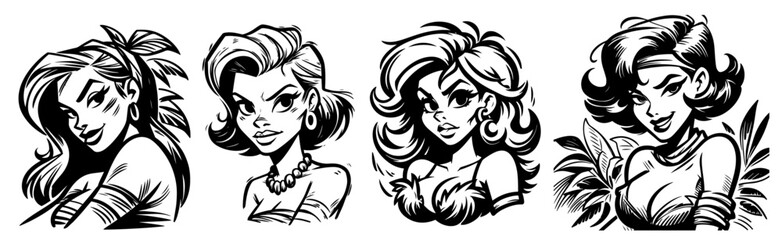 hand-drawn portraits of retro women with unique hairstyles and expressions