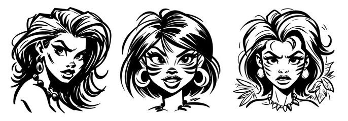 hand-drawn portraits of retro women with unique hairstyles and expressions