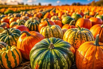 Golden squash blankets a sun-drenched farm. Autumn harvest bounty.