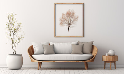 Minimalist Living Room Interior with White Sofa Wooden Side Table and Tree Artwork