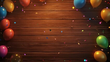 Festive Balloons and Confetti on Wood Background