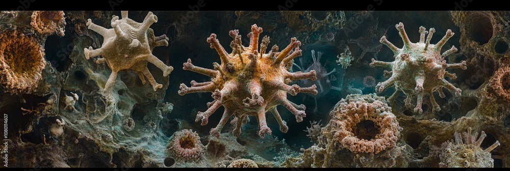 Poster microcosm explosion colorful cellular structures, abstract art with realistic textures