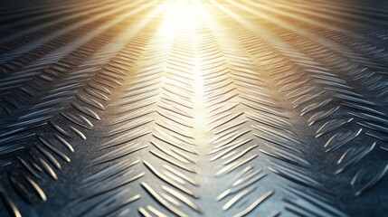 Obraz premium Expansive metal floor in factory, worn with scuff marks, diamond tread patterns, illuminated by soft overhead lighting, high texture detail, landscape framing