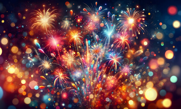 Ein farbenpr&auml;chtiges Feuerwerk &uuml;ber einer n&auml;chtlichen Stadtlandschaft vor einem kosmischen Sternenhimmel, Wallpaper