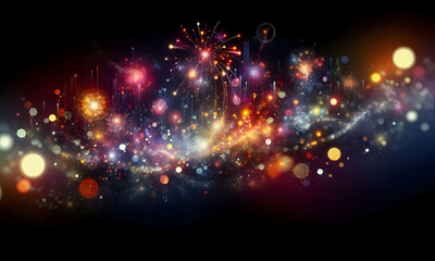Obraz premium Ein farbenprächtiges Feuerwerk über einer nächtlichen Stadtlandschaft vor einem kosmischen Sternenhimmel, Wallpaper, abstrakt