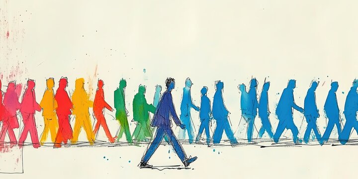 Abstract art of individuality concept. Vibrant art shows uniqueness in a colorful group. People and identity in an expression of urban diversity and watercolor creativity.