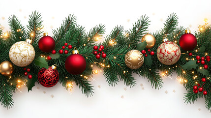 A luxurious Christmas garland featuring a blend of lush pine branches, radiant red and gold ornaments, fresh green leaves, and twinkling golden lights, beautifully arranged on a transparent background