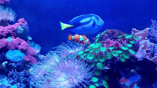 Marine aquarium with coral reef in which Paracanthurus hepatus and Amphiprion ocellaris swim. More fish names regal tang, palette surgeonfish, blue tang, royal blue tang, hippo tang,