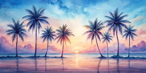 Watercolor Palm Trees Silhouetted Against a Sunset on a Beach with Reflections in the Water