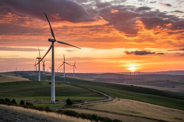 Obraz premium Wind turbines silhouetted against a vibrant sunset over rolling fields in rural landscape