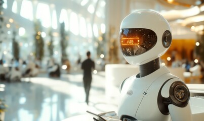 Fototapeta premium AI robot interacting with humans in a modern workspace, seamless collaboration, 3D illustration