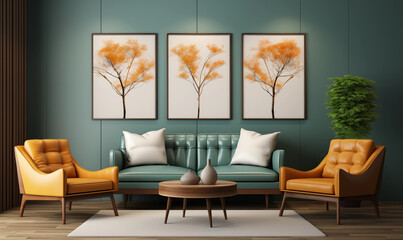 Modern Living Room Interior Design with Teal Sofa Orange Armchairs and Abstract Art