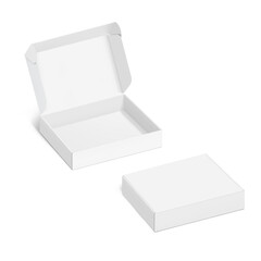 Realistic four flap open and closed white mailing box mockup. Half side view. Ready for presentation your product. Vector illustration isolated on white background. EPS10.