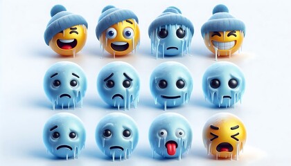 Obraz premium Collection of Frosty Emojis with Icy Expressions and Hats. generator AI