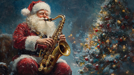 A painting of Santa Claus playing the saxophone, with a Christmas tree in the background