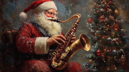 Elderly Man in Santa Hat Playing Saxophone Joyfully, Backdrop of Lit-Up Christmas Tree