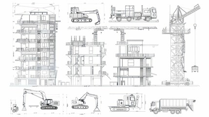 Blueprint illustrations of construction machinery and building designs for engineering purposes.