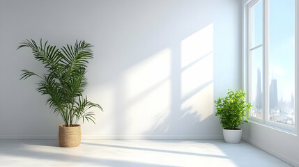 White Room with Plants and Window - 3D Illustration
