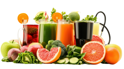 Fruits, vegetables, juice and stethoscope on white transparent background
