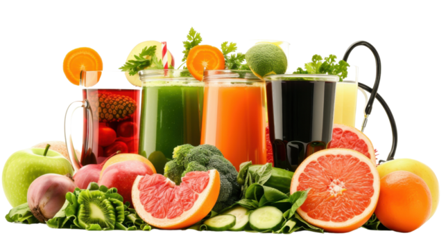 Fruits, vegetables, juice and stethoscope on white transparent background

