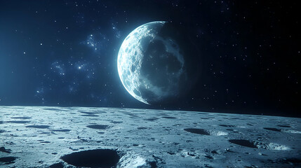 Crescent Moon and Stars Above a Cratered Surface - Realistic Image