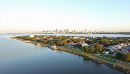 Fototapeta premium Tranquil waterside town at sunset