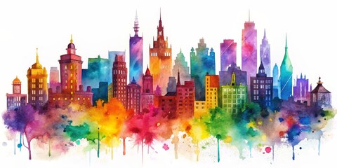 Obraz premium Watercolor Skyline of a City with Rainbow Dripping Splashes