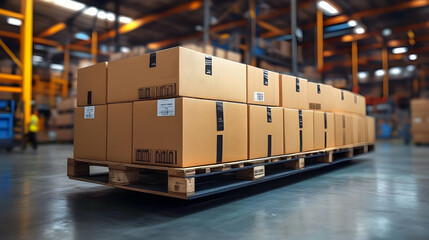 Stacked Cardboard Boxes on Pallet in Warehouse - Realistic 3D Illustration