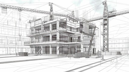 A construction site rendering showcasing a multi-story building under development.
