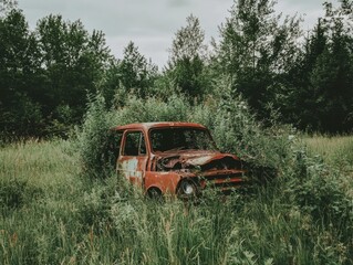 A vintage, rusted car is overtaken by lush green foliage in a serene, natural setting, highlighting nature's reclamation of abandoned machinery.