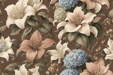 Victorian flower pattern with detailed lilies and hydrangeas on a muted brown background, Ai generated