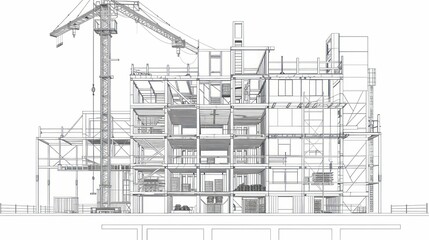 Architectural cross-section of a building under construction, showcasing structural elements and crane.