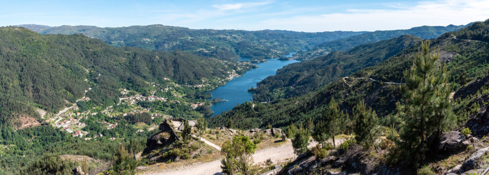 Scenic panoramic view from lake Cavado in the Peneda Geres National Park, seen from Voltas de Sao Bento viewpoint, Portugal