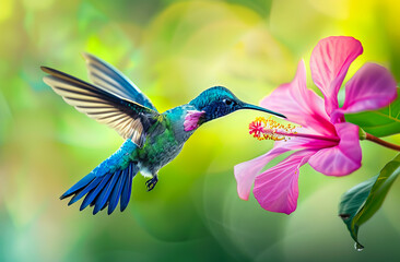Obraz premium A vibrant hummingbird colibri near a flower in a tropical rainforest, capturing the beauty of nature and wildlife in action.