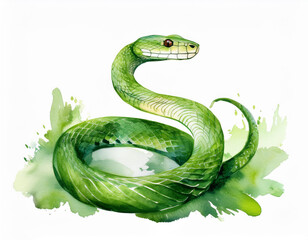 Fototapeta premium Watercolor green snake illustration on a white background