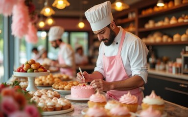 Male baker making cake desserts