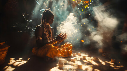 Woman in Yellow Clothing Sitting by a Fire