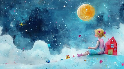 Dreamy night: child imagines a starry sky with moonlit wonders