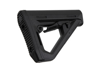 Black adjustable rifle stock, commonly used in firearms for stability and comfort, featuring a...