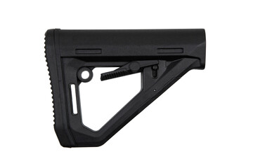 Black adjustable rifle stock, commonly used in firearms for stability and comfort, featuring a textured buttplate and a lever for length adjustment. Isolate on white back