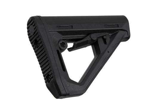 Black adjustable rifle stock, commonly used in firearms for stability and comfort, featuring a textured buttplate and a lever for length adjustment. Isolate on white back