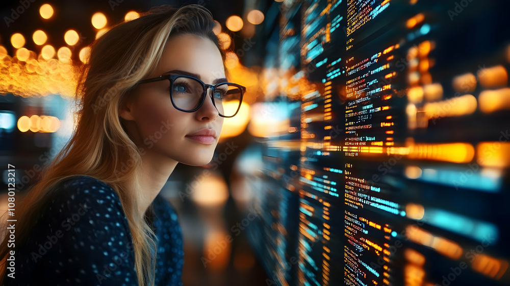 Poster woman looking at computer code - realistic image