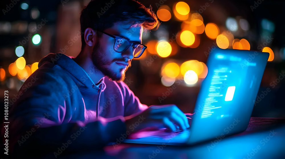 Poster man working on laptop with neon lights - realistic image