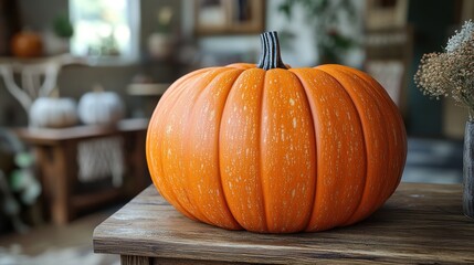 A vibrant pumpkin displayed on a wooden table in a cozy setting.