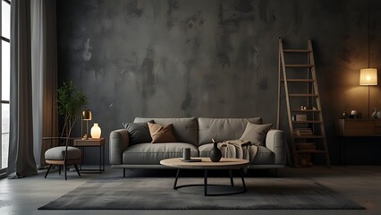 Indiustral composition of concrete living room with mock up poster frame, stylish gray sofa, green pillow, simple black coffee table, green pouf, round vase with dried leaves, plants. Home decor.