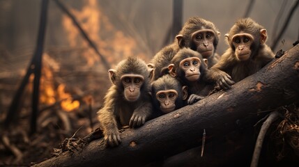 A group of young monkeys huddle together on a charred log, their curious eyes gazing out from a forest ravaged by fire.