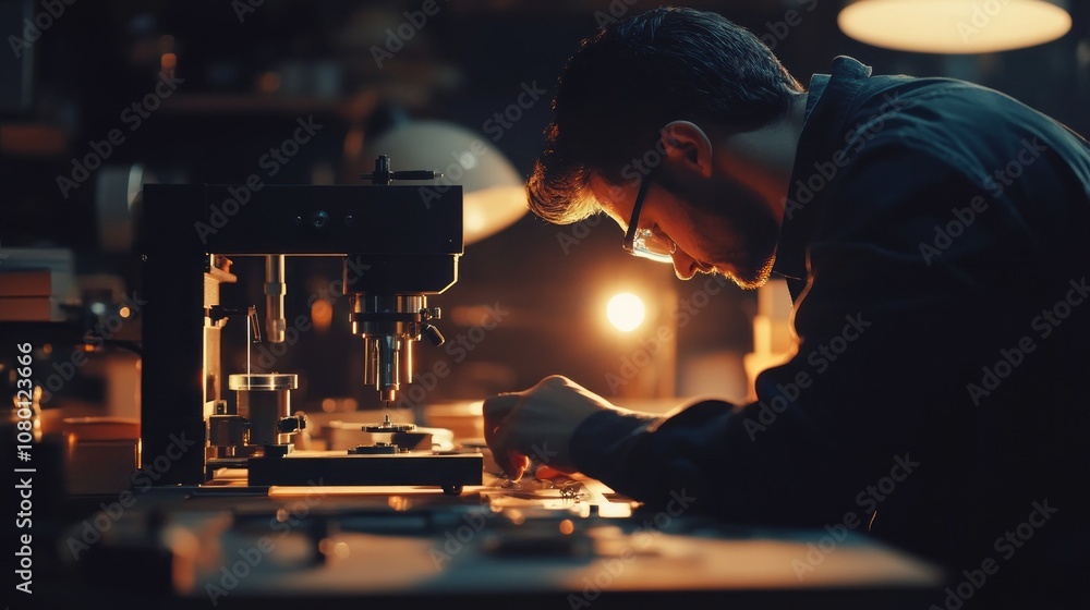Poster a man is working on a machine in a dark room