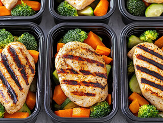 Grilled chicken breast with vegetables in meal prep containers, featuring broccoli and carrots, offers healthy and convenient option for balanced meals